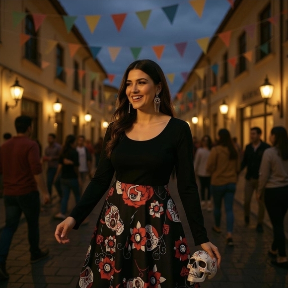 Sugar Skull Gothic Halloween Dress – Criss-Cross Back Long Sleeve Red Black | 2X - Picture 8 of 8